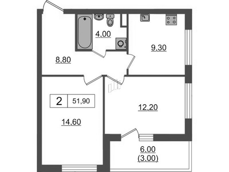 2-комнатная квартира 51.9 м², 12/12 эт., ЖК «А101 Всеволожск»